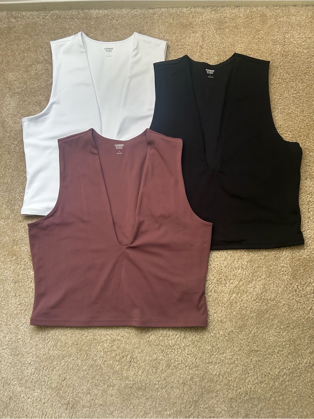 Express V-Neck Cropped Tank Trio - White, Black, Mauve